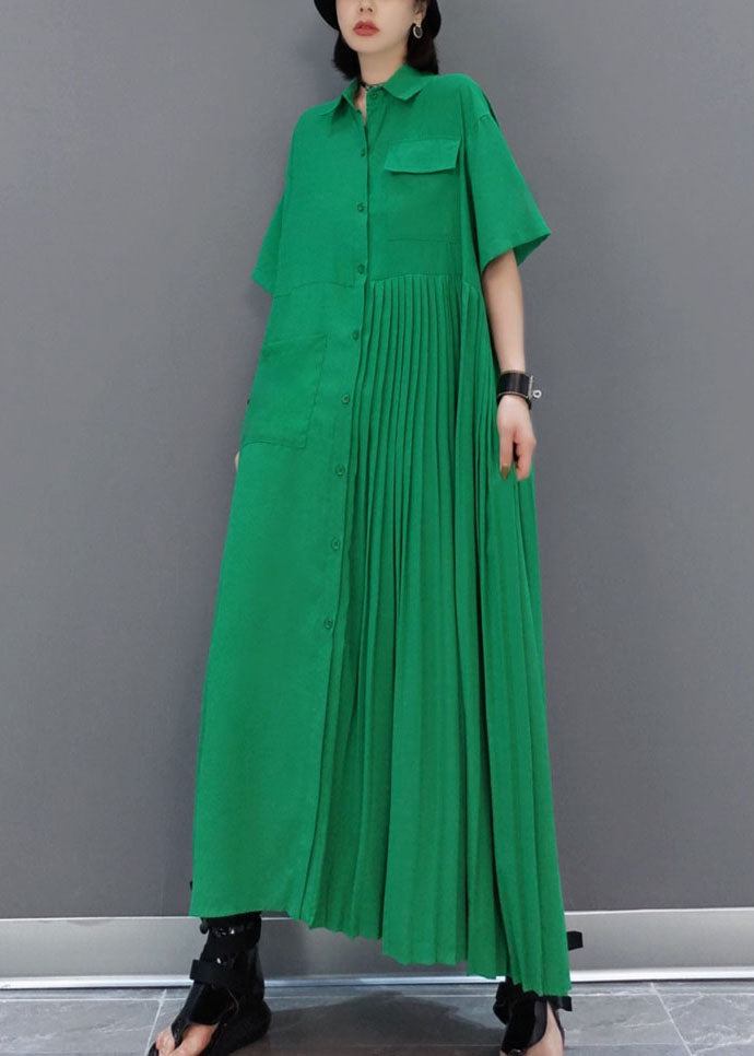 Unique Green Asymmetrical Wrinkled Pocket Shirt Dress Spring