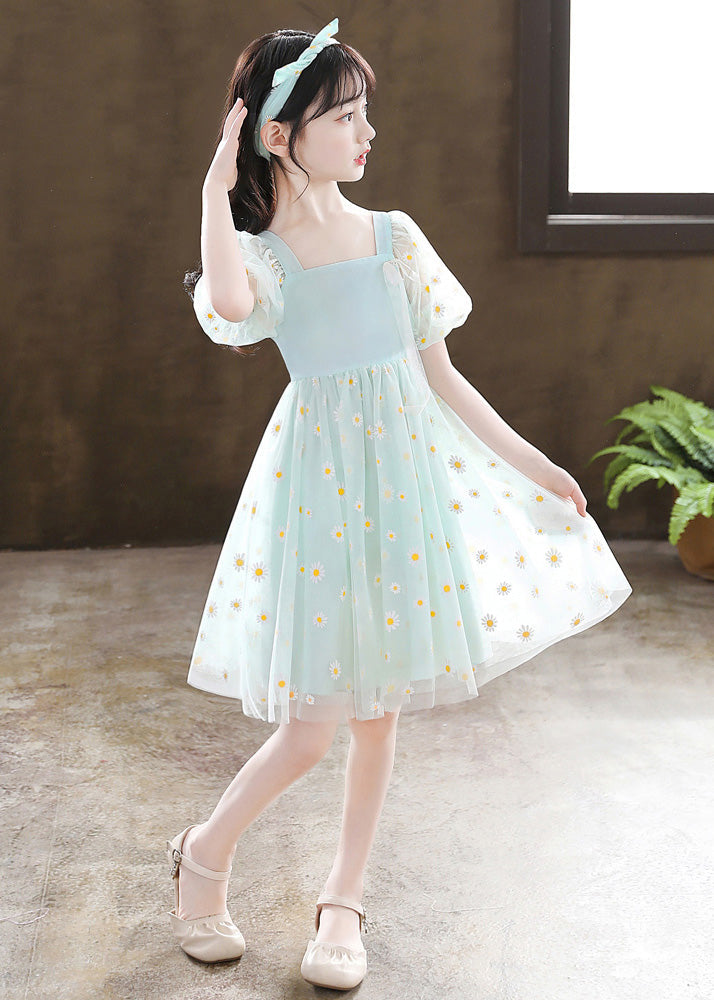 Unique Green Embroideried Patchwork Wrinkled Tulle Mid Dress Summer