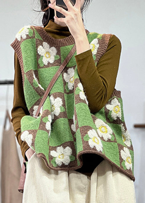Unique Green Jacquard Thick Knit Vest Tops Spring