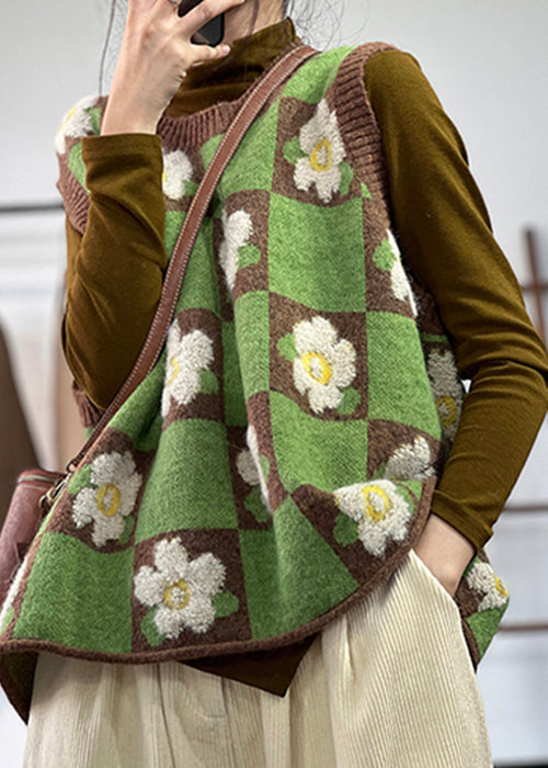 Unique Green Jacquard Thick Knit Vest Tops Spring
