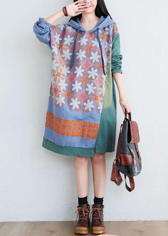 Unique Green Hooded Asymmetrical Design Patchwork Print Fall Pullover Dress