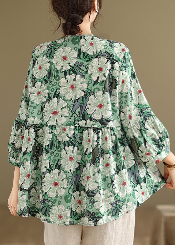 Unique Green O-neck Button Wrinkled T Shirts Bracelet Sleeve