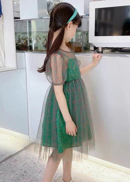 Unique Green O-neck Dot Patchwork Tulle Long Dress Summer