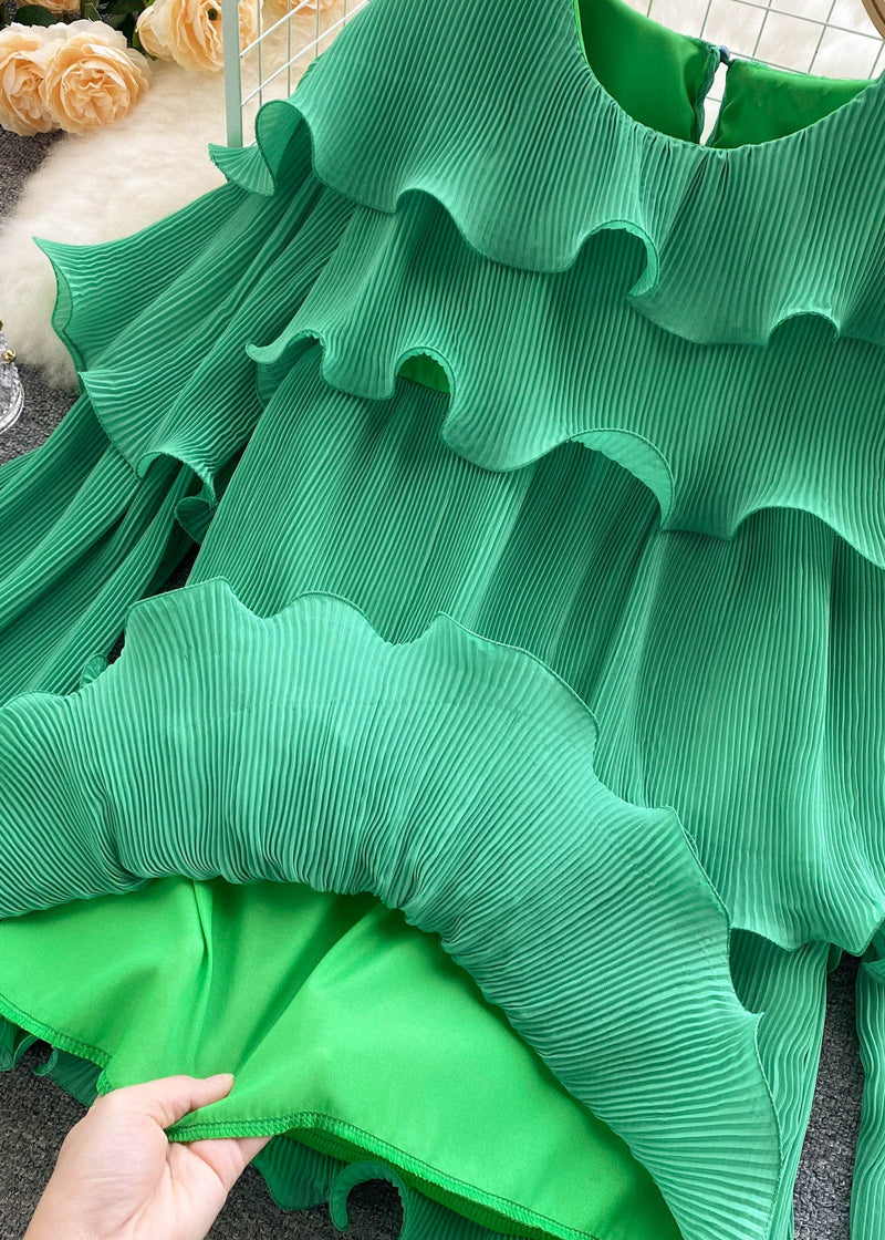 Unique Green O-neck Ruffled Patchwork Chiffon Top Long Sleeve
