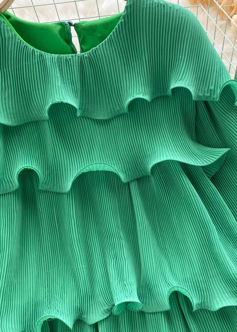 Unique Green O-neck Ruffled Patchwork Chiffon Top Long Sleeve