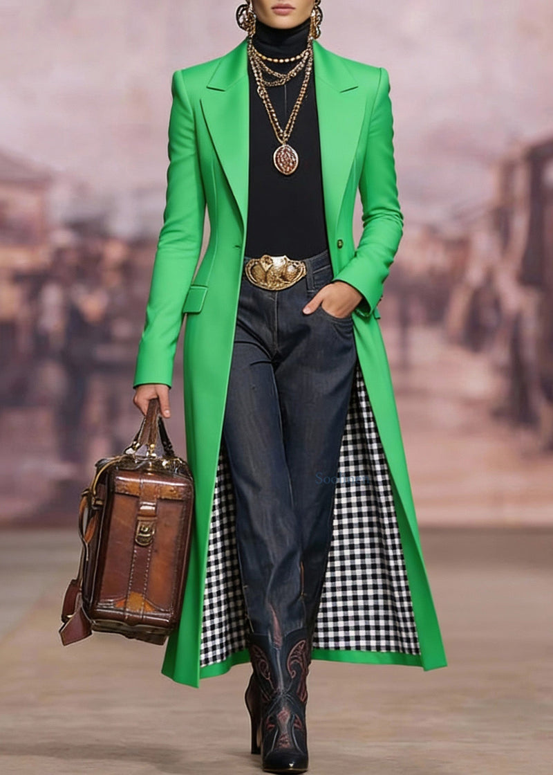 Unique Green Peter Pan Collar Pockets Cotton Long Coat Spring