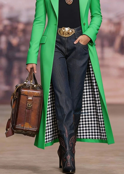 Unique Green Peter Pan Collar Pockets Cotton Long Coat Spring