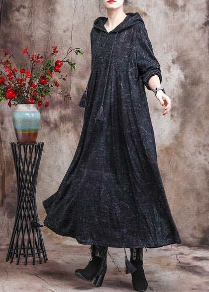 Unique Dark Green Print Outfit Hoodie Dress Asymmetric Maxi Dress