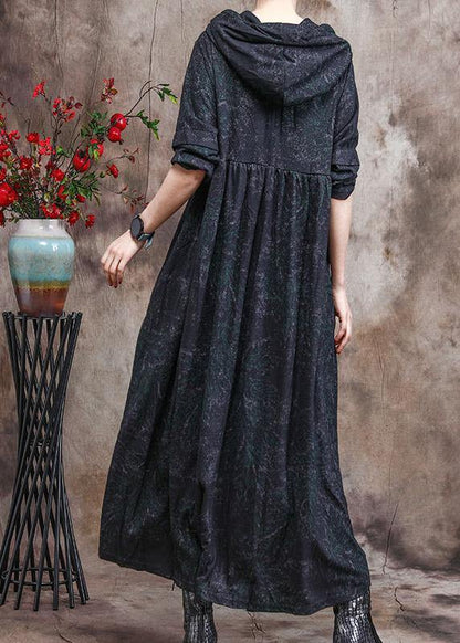 Unique Dark Green Print Outfit Hoodie Dress Asymmetric Maxi Dress