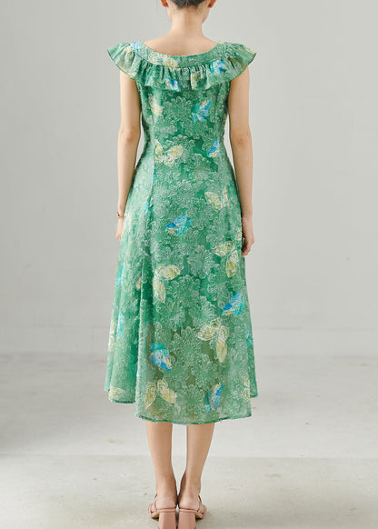 Unique Green Ruffled Butterfly Silk Long Dress Summer
