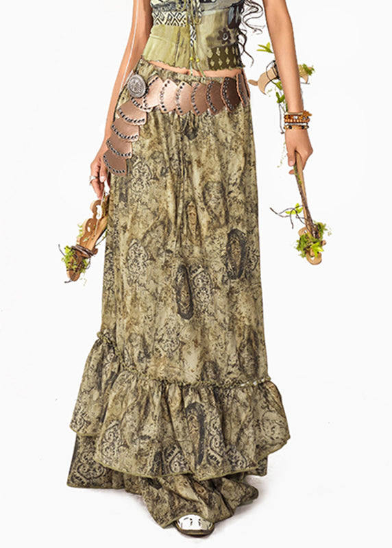 Unique Green Ruffled Print Patchwork a Line Skirts