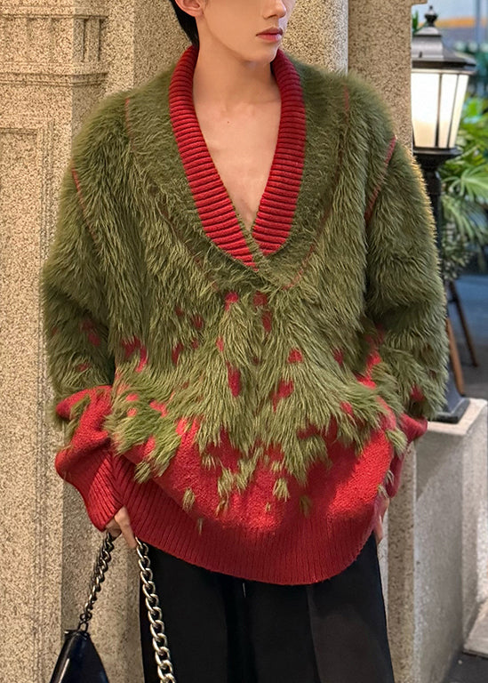 Unique Green V Neck Cozy Patchwork Mink Hair Knitted Sweater Winter