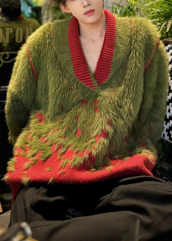Unique Green V Neck Cozy Patchwork Mink Hair Knitted Sweater Winter