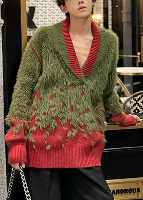 Unique Green V Neck Cozy Patchwork Mink Hair Knitted Sweater Winter