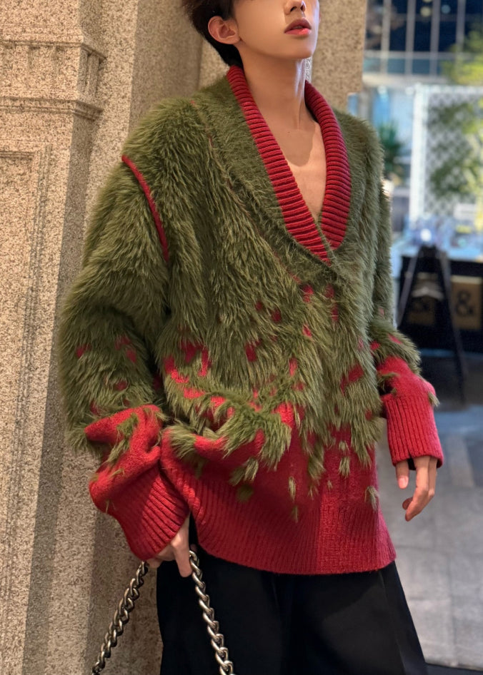 Unique Green V Neck Cozy Patchwork Mink Hair Knitted Sweater Winter
