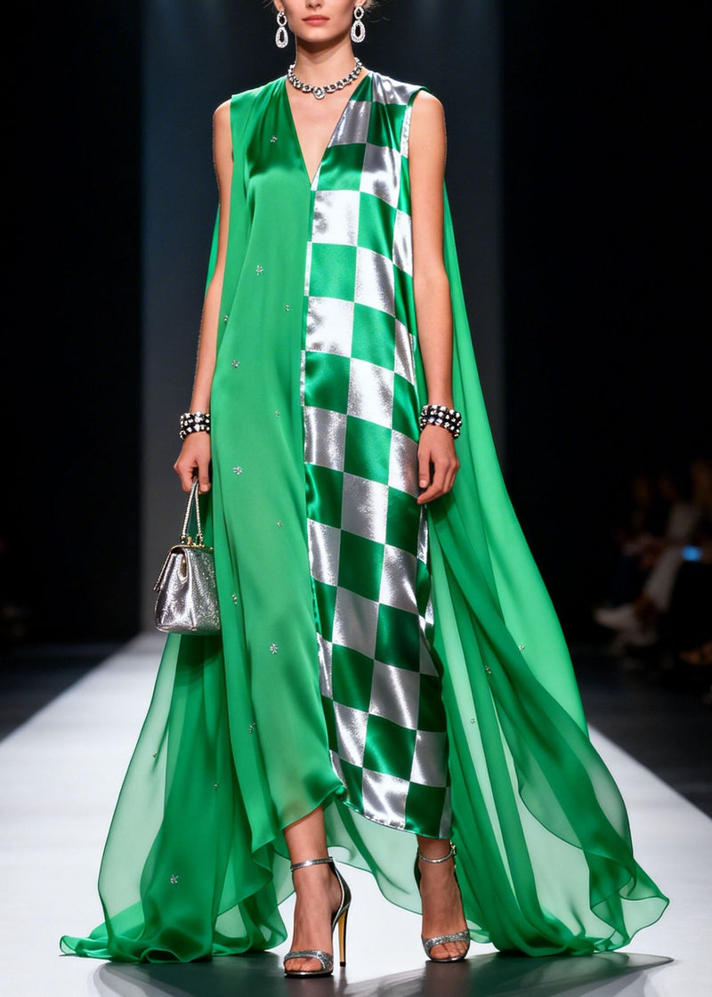 Unique Green V Neck Patchwork Chiffon Long Dress Summer
