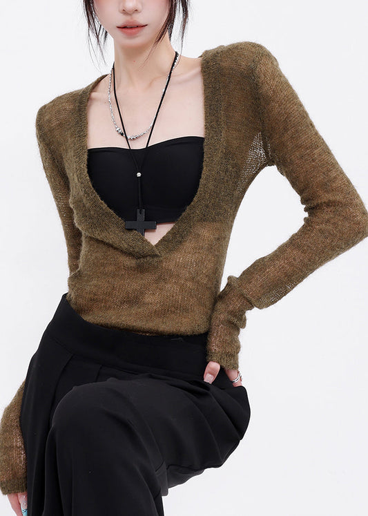 Unique Green V Neck Thin Knit Blouse Top Fall