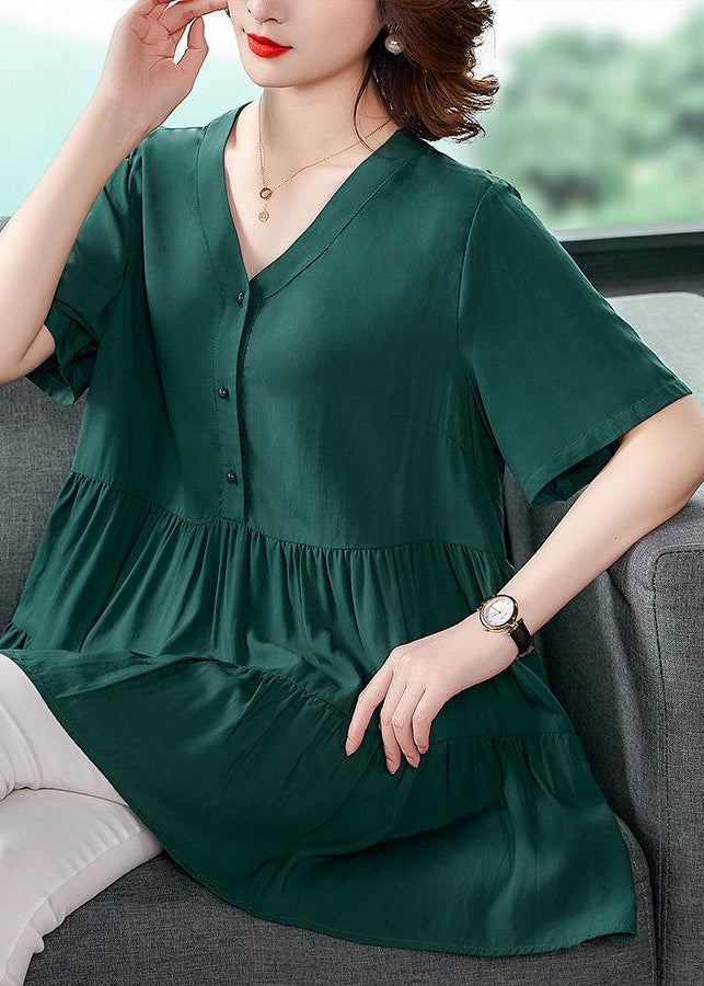 Unique Green V Neck Wrinkled Ruffles Button Shirt Top Short Sleeve