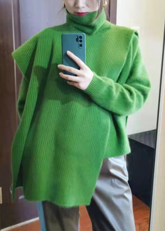 Unique Green Asymmetrical Design Turtle Neck Thick Knit Sweaters Long Sleeve