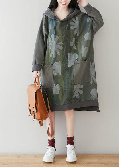 Unique Grey Hooded Pockets Patchwork Print Fall Sweatshirt Dress