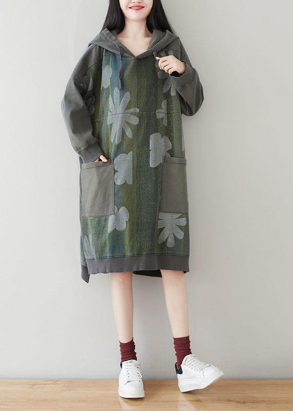 Unique Grey Hooded Pockets Patchwork Print Fall Sweatshirt Dress