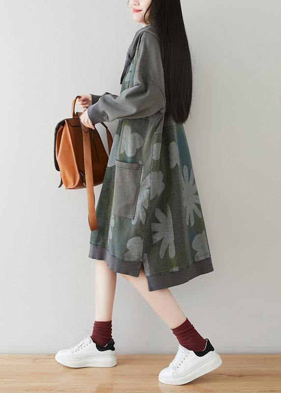 Unique Grey Hooded Pockets Patchwork Print Fall Sweatshirt Dress