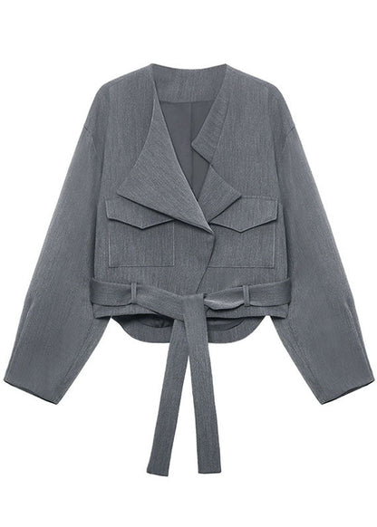 Unique Grey Loose Pockets Tie Waist Fall Long Sleeve Coat