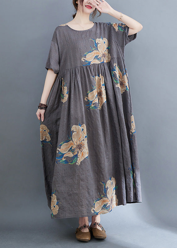 Unique Grey O-neck Print Patchwork Robe Dresses Summer