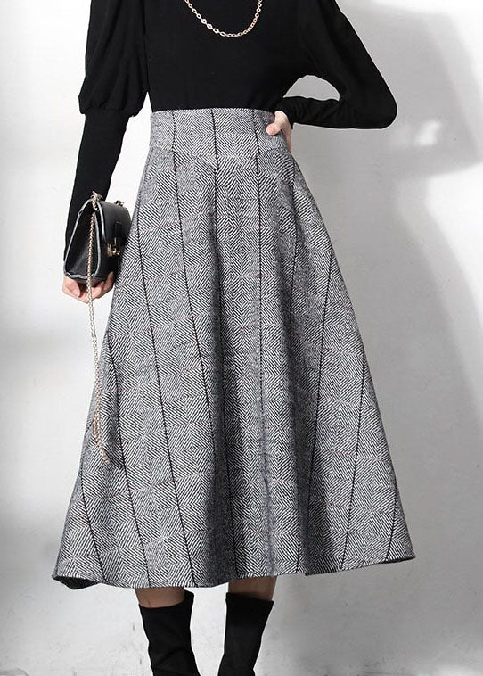 Unique Grey Plaid Woolen a Line Skirts Spring