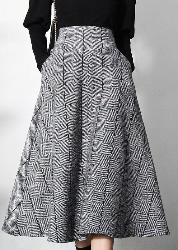 Unique Grey Plaid Woolen a Line Skirts Spring