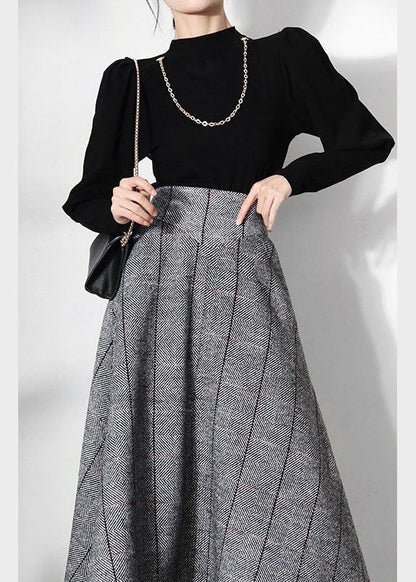 Unique Grey Plaid Woolen a Line Skirts Spring