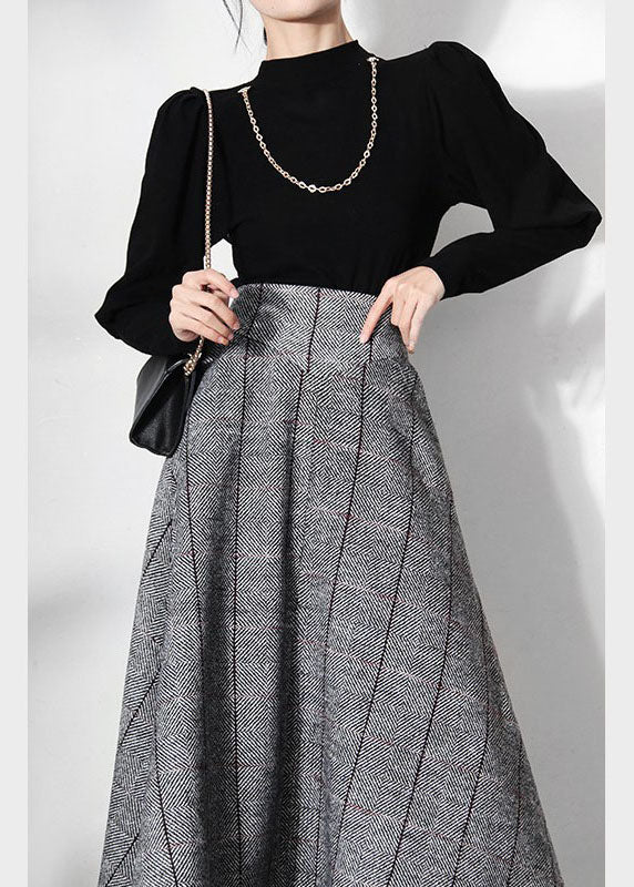 Unique Grey Plaid Woolen a Line Skirts Spring
