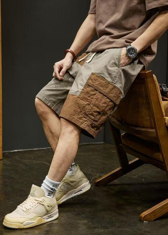 Unique Grey Pockets Elastic Waist Patchwork Cotton Shorts Summer