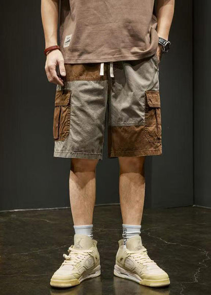 Unique Grey Pockets Elastic Waist Patchwork Cotton Shorts Summer