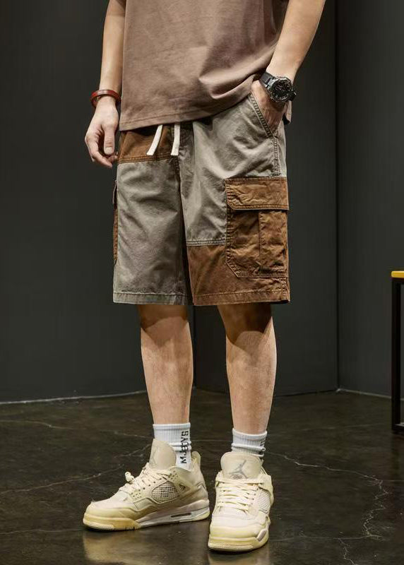 Unique Grey Pockets Elastic Waist Patchwork Cotton Shorts Summer