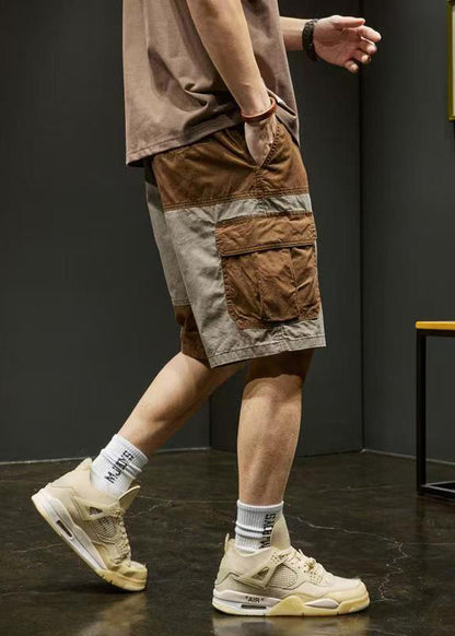 Unique Grey Pockets Elastic Waist Patchwork Cotton Shorts Summer