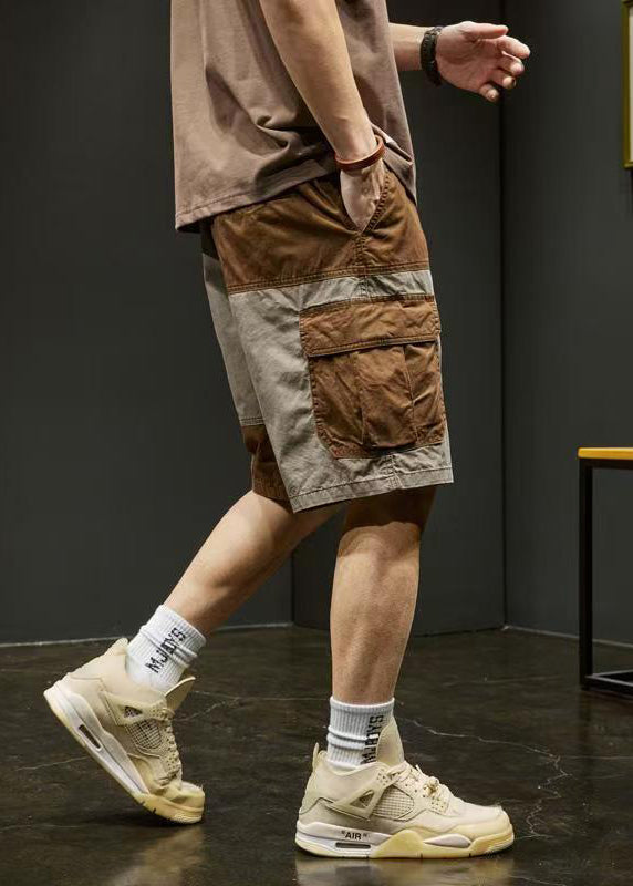 Unique Grey Pockets Elastic Waist Patchwork Cotton Shorts Summer