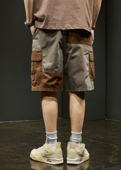Unique Grey Pockets Elastic Waist Patchwork Cotton Shorts Summer