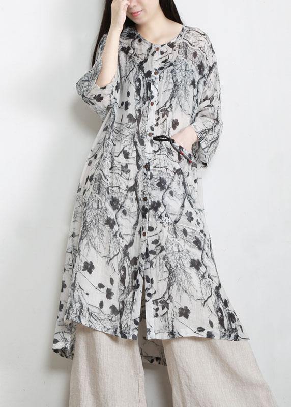 Unique Grey Print Patchwork Asymmetrical Design Ramie Top Fall