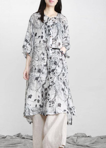 Unique Grey Print Patchwork Asymmetrical Design Ramie Top Fall