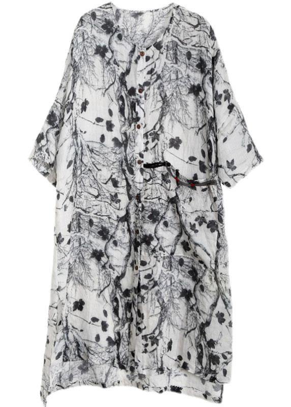 Unique Grey Print Patchwork Asymmetrical Design Ramie Top Fall
