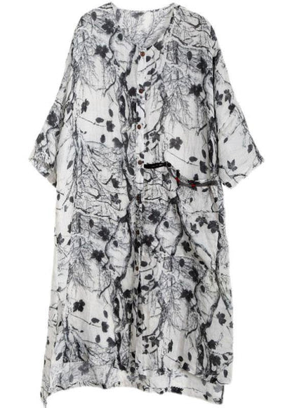 Unique Grey Print Patchwork Asymmetrical Design Ramie Top Fall