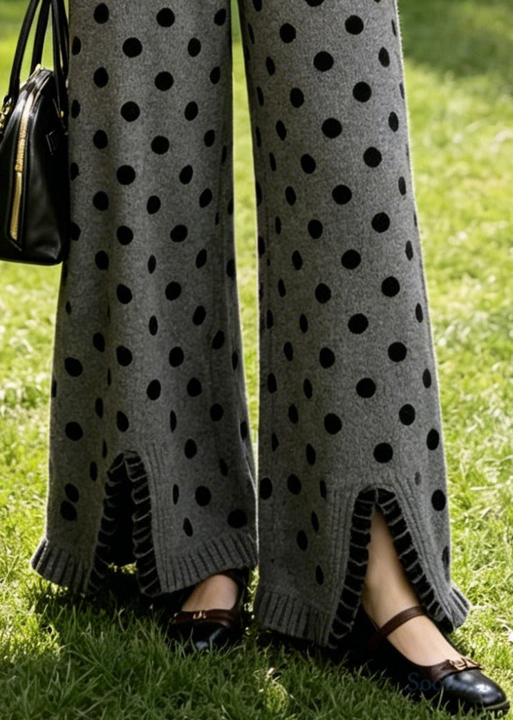 Unique Grey Ruffled Dot Print Knit Wide Leg Pants Fall