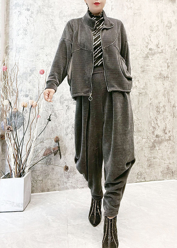 Unique Grey Stand Collar Zippered Thick Corduroy Coats and Pants Corduroy Two Piece Set Winter