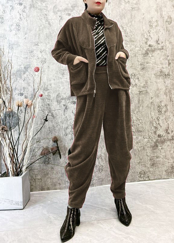 Unique Grey Stand Collar Zippered Thick Corduroy Coats and Pants Corduroy Two Piece Set Winter