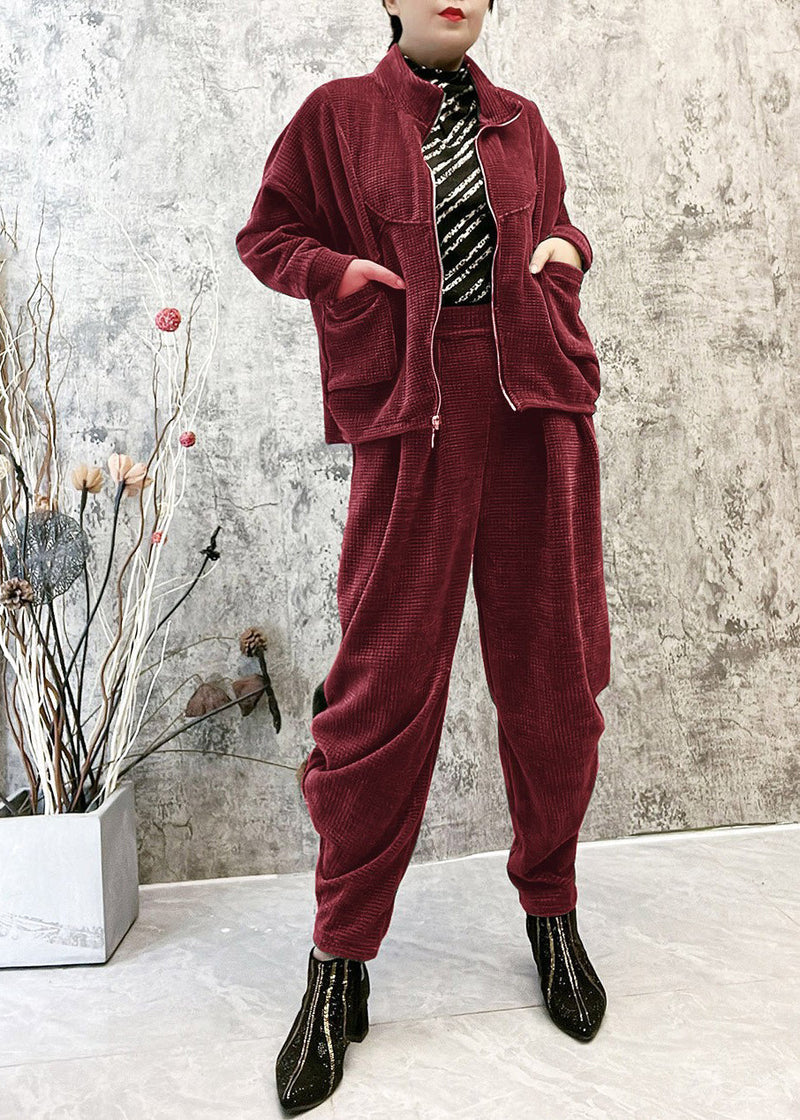 Unique Grey Stand Collar Zippered Thick Corduroy Coats and Pants Corduroy Two Piece Set Winter