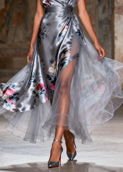 Unique Grey V Neck Print Patchwork Silk Dress Summer