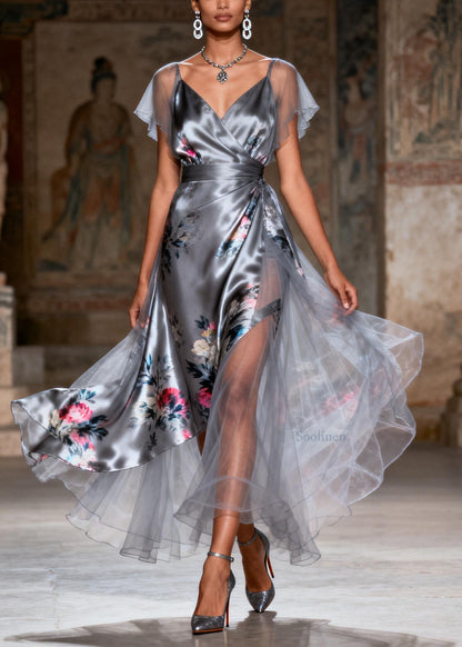 Unique Grey V Neck Print Patchwork Silk Dress Summer