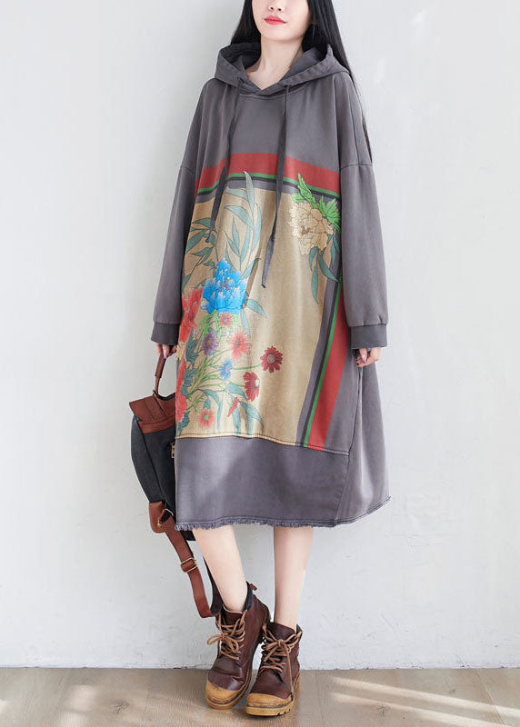 Unique Grey Drawstring Hooded Print Dresses Spring