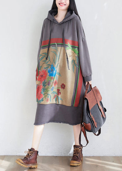 Unique Grey Drawstring Hooded Print Dresses Spring